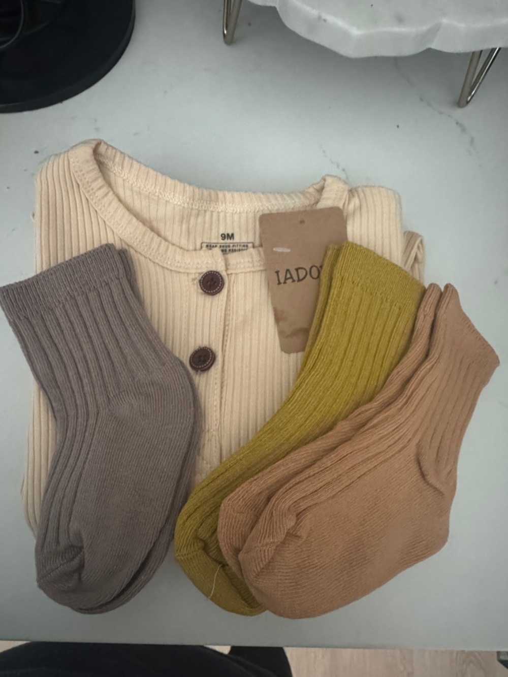 Adore Cream Ribbed Baby Cardigan with Taupe, Mustard & Tan Socks